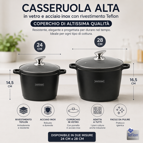 Casseruola Alta Antiaderente con Coperchio in Vetro – 24 cm / 28 cm