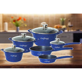 Batteria pentole blu 10 pezzi con coperchi in vetro in cucina